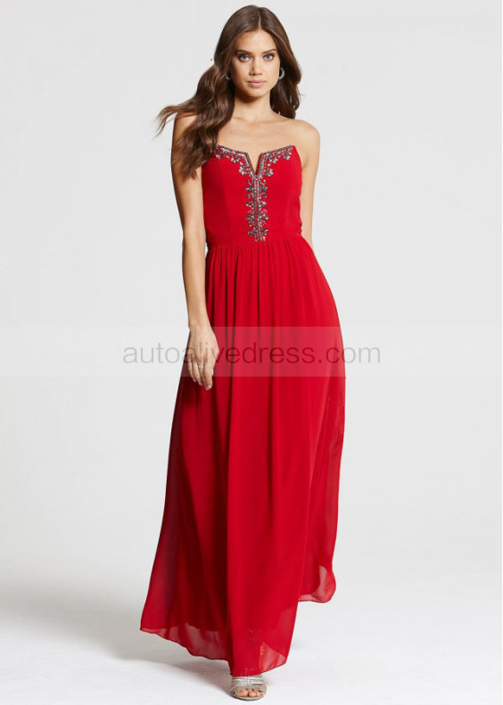 Red Chiffon Beads Strapless Long Prom Dress